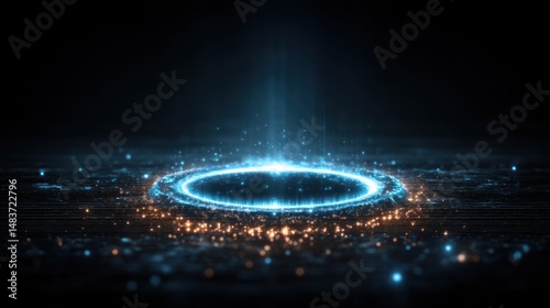 Blue glowing circle with light beams on a dark background technology concept.