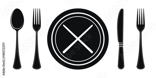 Fork, knife, spoon and plate set icons. Tableware set flat style. Dinnerservice collection. Plate, fork and knife for apps and websites. Dinner service - stock vector.