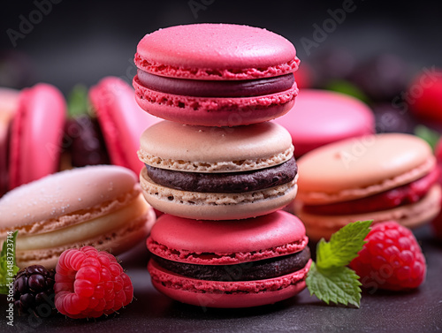 Colorful Raspberry and Chocolate Macarons