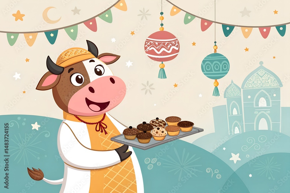 Fototapeta premium Festive Eid ul Adha cartoon with animated goats and joyful celebration lights in Islamic culture