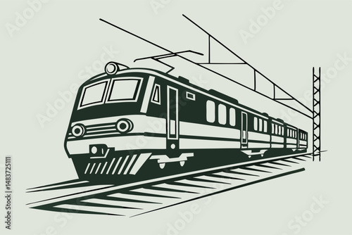 Stylized black and white illustration of a passenger train on railway tracks
