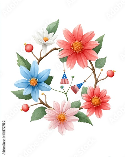 Patriotic Floral Wreath with Red, Pink, Blue and White Flowers,Memorial Day