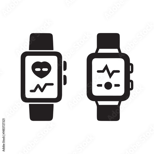 Smartwatch Health Monitoring Icons, Heart Rate and ECG Tracker Vector Set