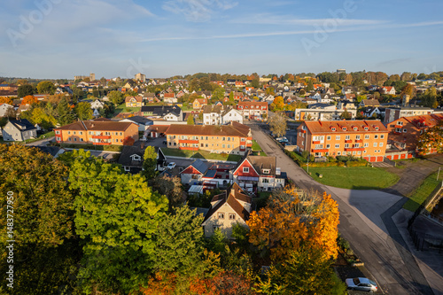 Fototapeta Naklejka Na Ścianę i Meble -  Aerial view of a small cozy European town with charming houses and scenic panorama
