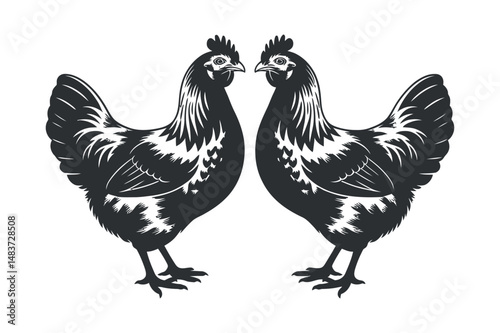 Two hens facing each other in a symmetrical black and white illustration