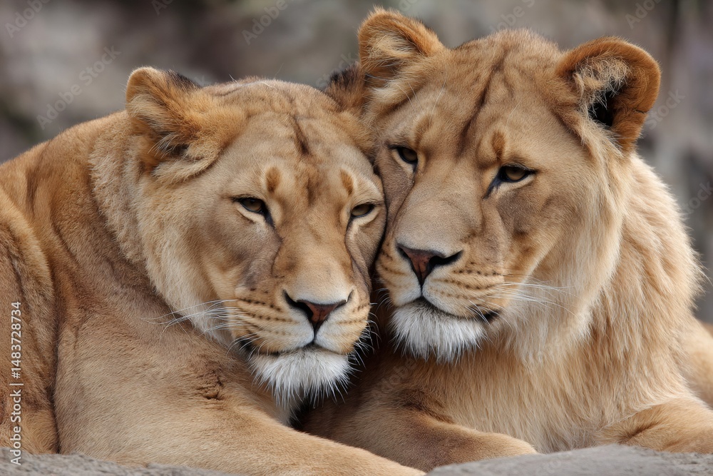 Fototapeta premium Two lions resting together in harmony