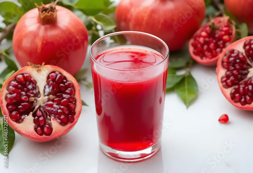 Wallpaper Mural Fresh Pomegranate Juice in Glass with Whole and Cut Pomegranates and Leaves - Healthy Red Fruit Drink Torontodigital.ca