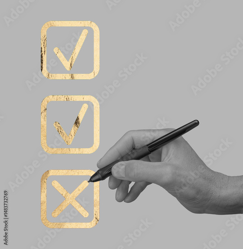 Questionnaire with checkboxes and marks. Woman completing survey, answering questions and ticking