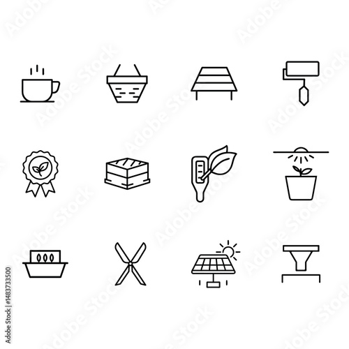 Tea Supply Farm Line Icon Set — Agriculture and Herbal Drink Symbols