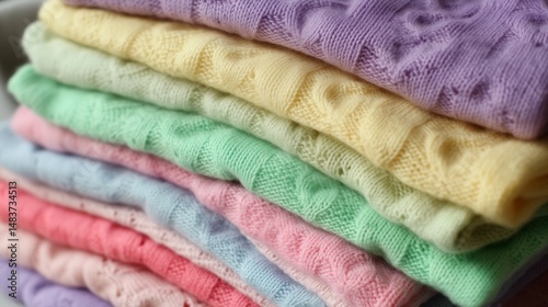 Obraz na płótnie Colorful stacks of knitted sweaters in various pastel shades arranged neatly w salonie