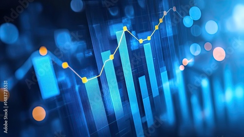 Abstract financial chart with rising trend line and bar graph in shades of blue and yellow tones