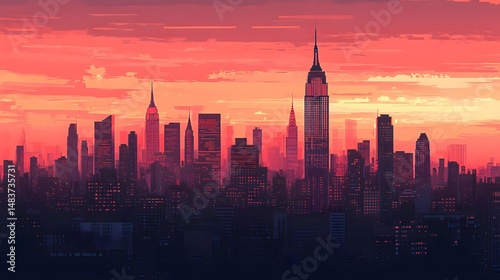 Digital illustration of a dark skyline dominated by skyscrapers under a vibrant red sunset. © ziya