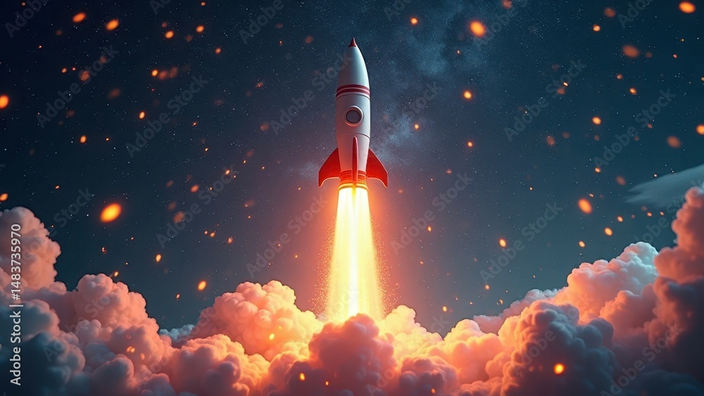 Fototapeta premium Space rocket launching amidst dramatic night sky and glowing clouds