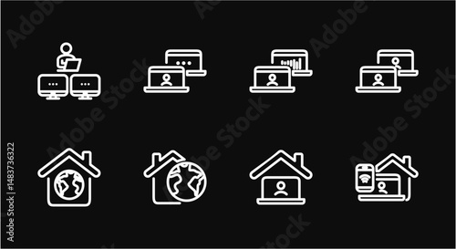 Remote Work Line Icons . Freelancer Work from Home, Video Call, Online Meeting, Teleconference Vector Set