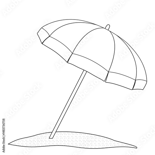 Coloring page with summer outline drawing of beach umbrella protecting from the sun, on the sand against. For entertaining kids, summertime, seasonal, climate, and outdoor black and white design.