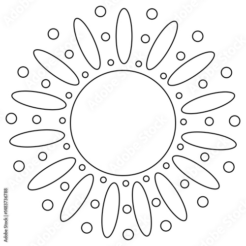 Summer coloring page outline drawing of sun with oval and circle shaped rays. Oval and round sunbeam. For entertaining kids, summertime, seasonal, beach, climate, and outdoor black and white design.