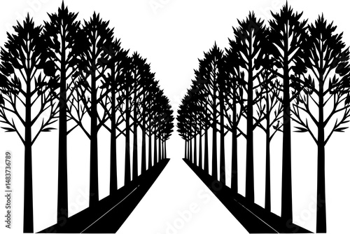 A black and white silhouette of a large tree. Tree element to create a group of plants