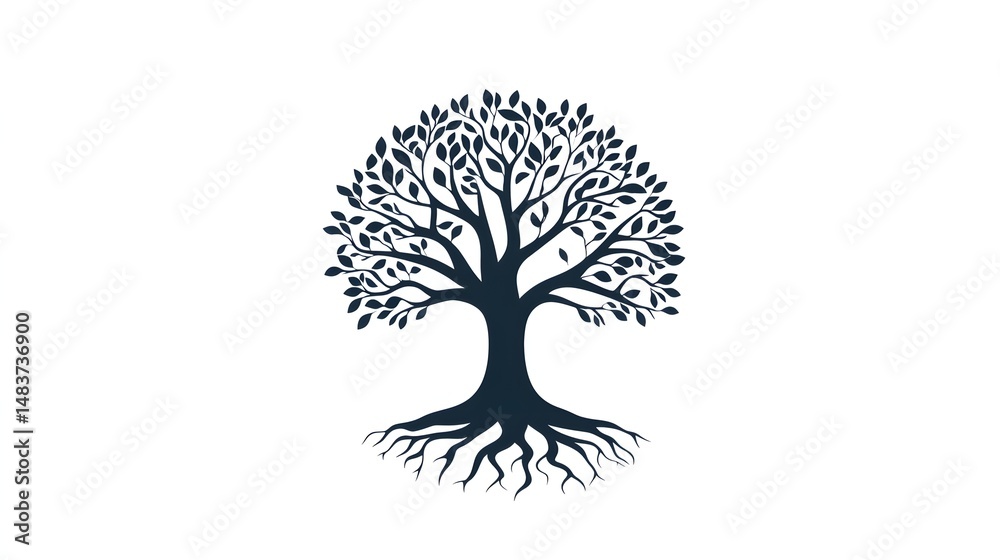 Naklejka premium Digital illustration of a stylized, black silhouette tree with extensive roots and numerous leaves.