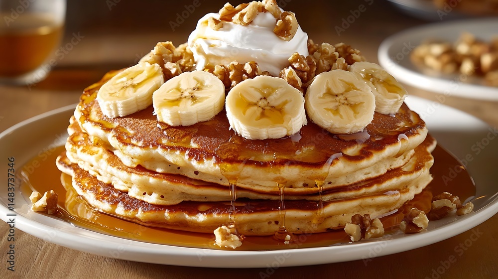 Stack of Pancakes with Bananas, Walnuts, and Syrup Stack of Pancakes with Bananas, Walnuts, and Syrup