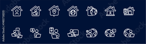 Remote Work Line Icons . Freelancer Work from Home, Video Call, Online Meeting, Teleconference Vector Set