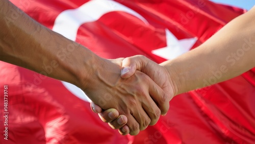 Handshake in Front of Turkish Flag – Symbol of Agreement, Diplomacy, and Partnership