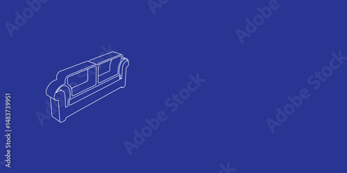 The outline of a large sofa icon made of white lines on the left. 3D view of the object in perspective. Vector illustration on indigo background