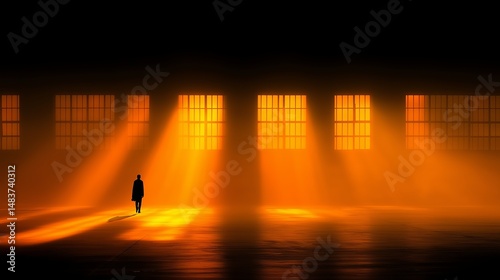 Sunlight filters through windows illuminating a lone figure in a vast, dark space at dawn