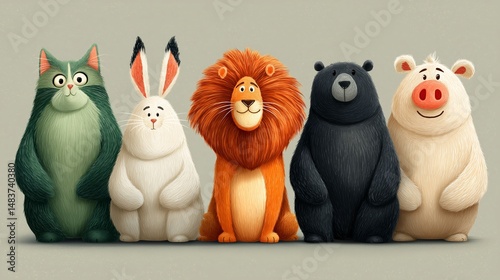 Colorful cartoon animals stand together in a friendly lineup showcasing diversity and teamwork in an imaginative setting