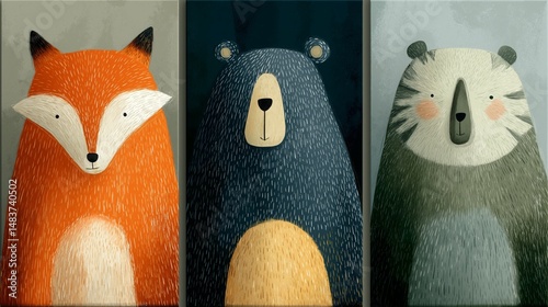 Whimsical animal art featuring a fox, bear, and raccoon in a playful forest setting