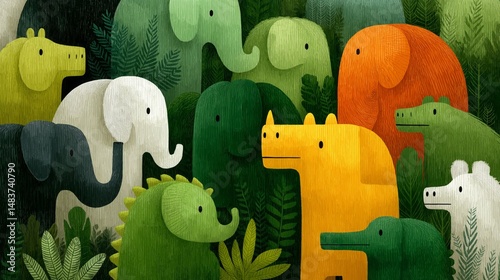 Colorful animal art featuring elephants and other creatures in a lush green environment