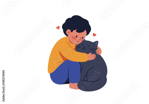 A young boy hugs a black cat, conveying affection. Warm colors and a simple, heartwarming illustration. Perfect for greeting cards and social media.
