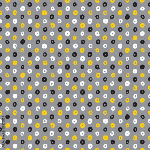 Doodle rings seamless vector pattern. Abstract circle illustration background in gray, white, black and yellow