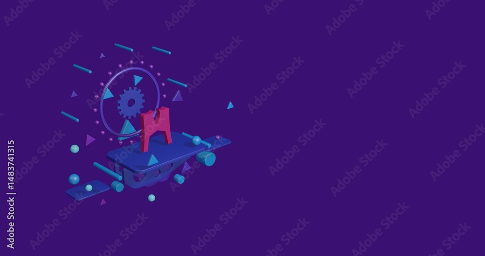 Obraz premium Pink women's jacket symbol on a pedestal of abstract geometric shapes floating in the air. Abstract concept art with flying shapes on the left. 3d illustration on deep purple background