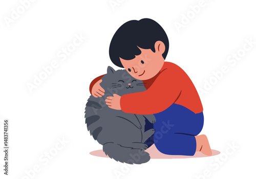 A cheerful young boy hugs a gray cat. Warm colors and a soft illustration style create a comforting scene. Perfect for promoting pet love and family affection.