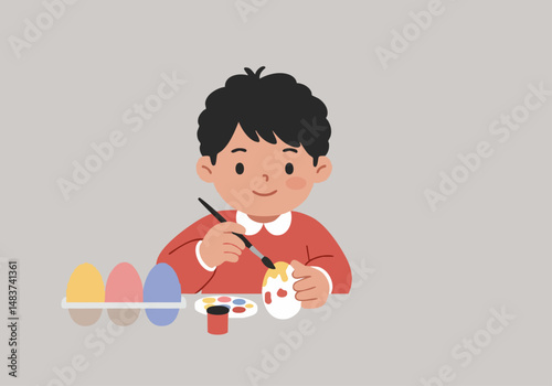 A cheerful young boy paints Easter eggs with a paintbrush, surrounded by colorful paints.  A playful illustration for Easter 2025. Bright, friendly, and suitable for commercial use.