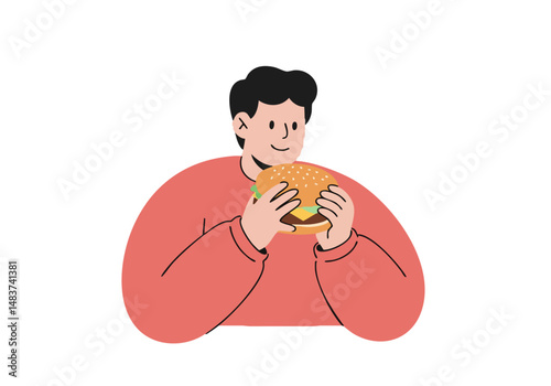 A cheerful young man enjoys a cheese burger on Cheese Day 2025.  Modern illustration style, vibrant colors, and a simple composition make this image ideal for food marketing and lifestyle content.