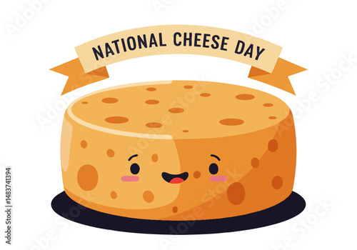 A cheerful, cartoon cheese wedge celebrates National Cheese Day! Bright colors and a cute design make this image perfect for food-related marketing and social media.  High-quality illustration.