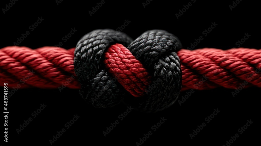 Intricate knot binds red and black ropes Intricate knot binds red and black ropes