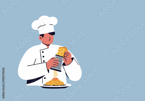 A chef with a white hat enthusiastically grates cheese over pasta, celebrating Cheese Day 2025. A vibrant, modern illustration with a playful style.
