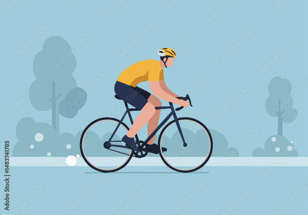 Fototapeta premium A cyclist rides through a park on Bicycle Day 2025. A vibrant, modern illustration showcases an active lifestyle and outdoor recreation. Clean lines and a pastel background create a cheerful visual.