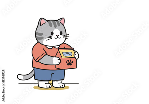 A cute grey tabby cat holds a gift box, celebrating Cat Day 2025. Simple, cheerful illustration with a pastel background. Perfect for greeting cards and social media.