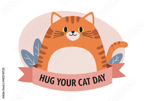 A cute orange tabby cat hugs itself, celebrating Hug Your Cat Day!  Cheerful illustration with pink background and ribbon. Perfect for greeting cards and social media.