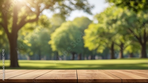 Wooden Table With Blurred Green Park Background Sunny Summer Day