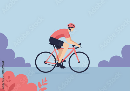 A cyclist rides along a path on Bicycle Day 2025. The illustration features a man in cycling gear, promoting an active lifestyle. Bright, cheerful, and suitable for commercial use.