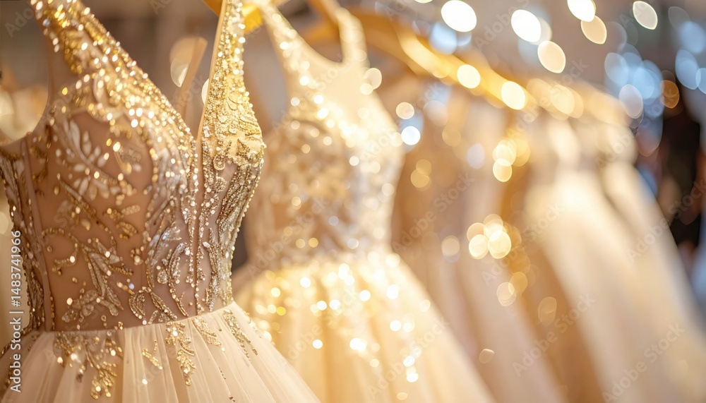 Obraz premium Close-up of elegant dresses adorned with sequins in a boutique setting highlighting luxury fashion and bridal design trends