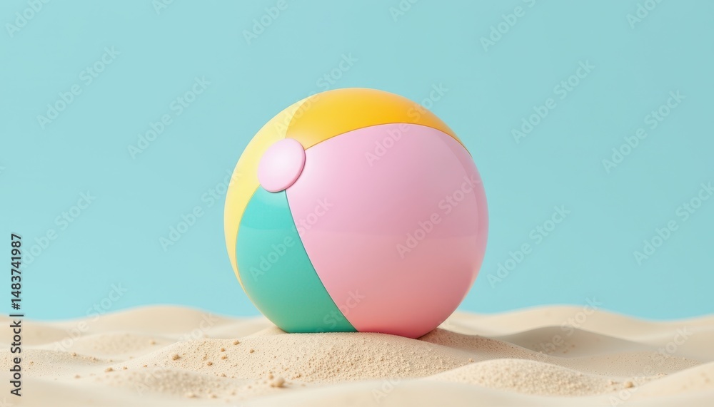 Fototapeta premium Colorful Beach Ball on Sand Against a Light Blue Background
