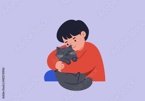 A happy child hugs a gray cat, conveying affection. Soft colors and a simple illustration style create a heartwarming scene. Perfect for greeting cards and social media.