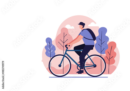 A man rides a bicycle on a scenic path. Vibrant colors and a modern illustration style create a cheerful and active scene. Perfect for cycling, outdoor, and lifestyle themes.
