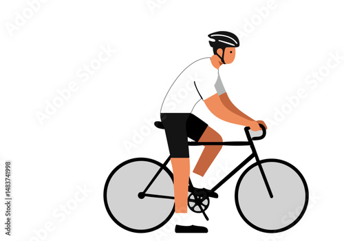A man rides a bicycle on a sunny day. He wears a helmet and cycling apparel. Modern, flat design illustration. Perfect for cycling, fitness, and active lifestyle themes.