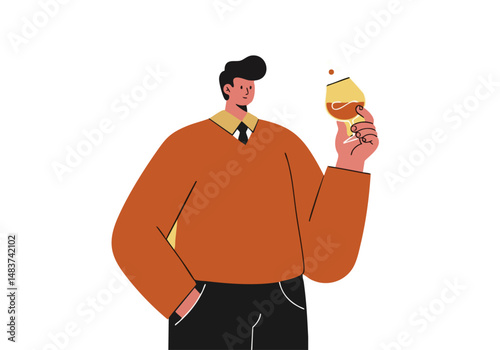 A stylish man enjoys a cognac, celebrating Cognac Day 2025. Modern illustration with a warm color palette and clean lines. Perfect for marketing and lifestyle content.